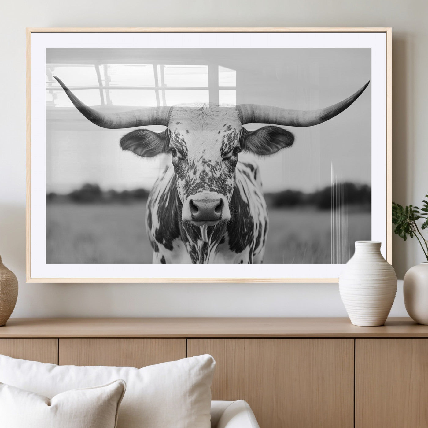 20272-MGC-FP-36x24_Natural-Texas Longhorn Wall Art – Black and White Cowboy Western Canvas Print, Rustic Farmhouse Cattle Photography Decor for Ranch, Barn
