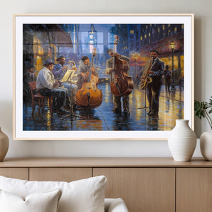 58694-MGV-CV-36X24-Jazz Street Band Wall Art – Colorful Music Canvas Print with Trumpet, Bass and Saxophone Players, Nightclub City Scene Artwork for