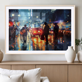 94605-MGV-CV-36X24-City Jazz Night Wall Art – Vibrant Music Canvas Print Featuring Saxophone, Guitar and Bass Players, Urban Street Scene Artwork for