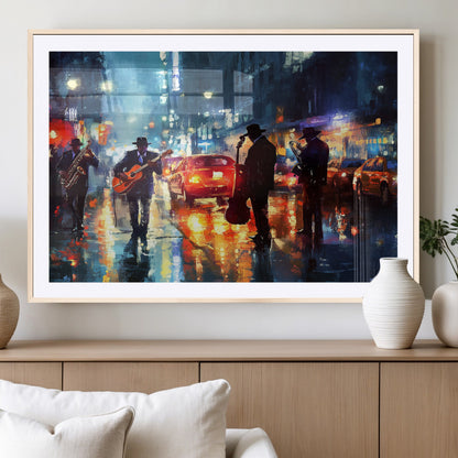 94605-MGV-CV-36X24-City Jazz Night Wall Art – Vibrant Music Canvas Print Featuring Saxophone, Guitar and Bass Players, Urban Street Scene Artwork for
