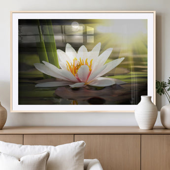40478-MGV-CV-36X24-Water Lily Wall Art – White Lotus Flower Canvas Print with Sunlight Reflection, Serene Botanical Artwork for Living Room, Bedroom,