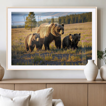 43400-MGV-CV-36X24-Bear Family Wall Art – Wildlife Canvas Print of Mother Bear with Cubs in Sunlit Meadow, Rustic Animal Artwork for Living Room,