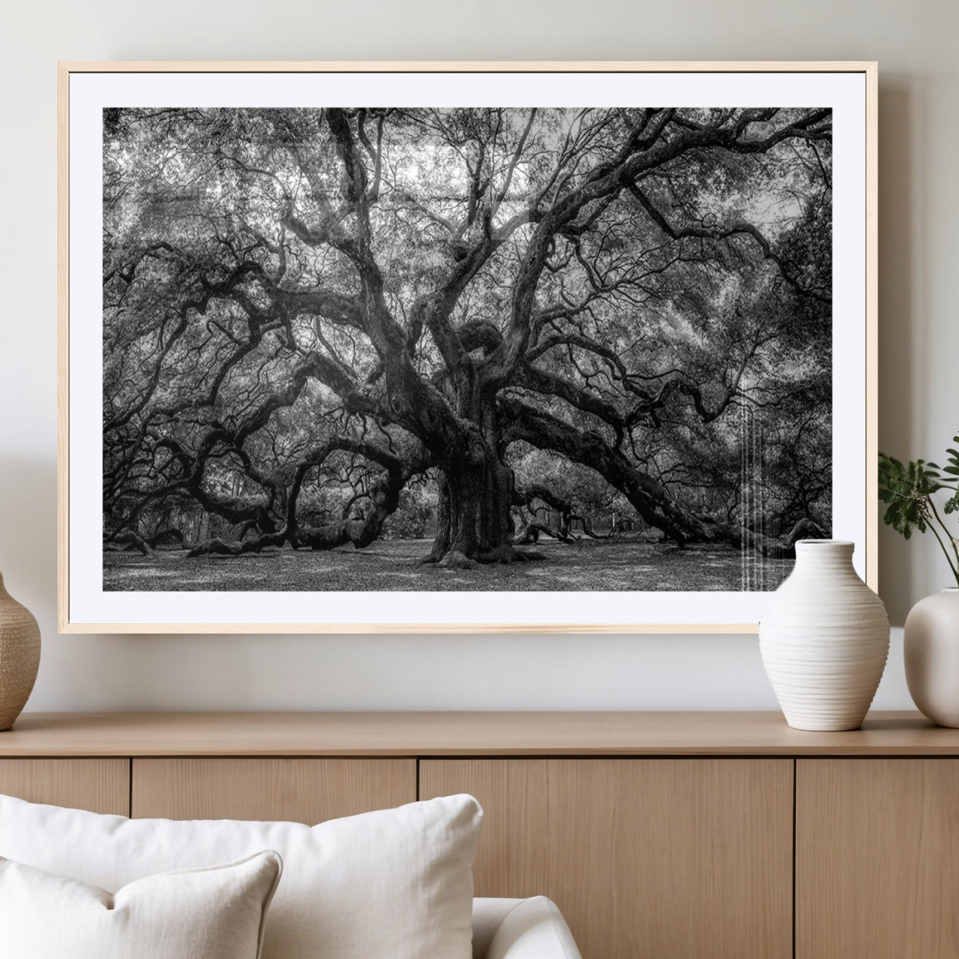 132944706-MGC-FP-36x24_Natural-Ancient Tree Wall Art – Black and White Photography Canvas Print Featuring Majestic Twisting Branches, Rustic Nature Artwork for