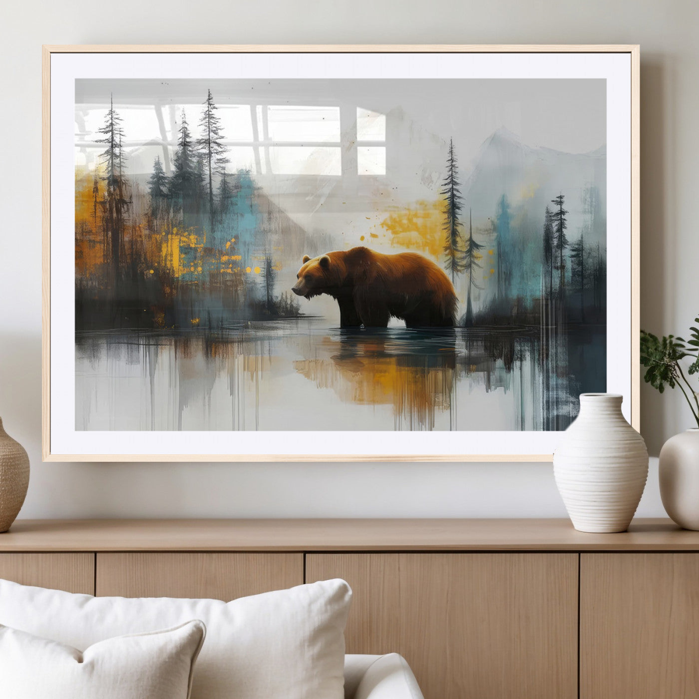 50308-MGV-CV-36X24-Abstract Rustic Bear Wall Art – Forest and Mountain Scene Canvas Print, Nature Artwork for Modern Farmhouse or Log Cabin Decor