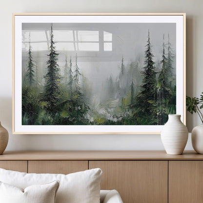76014-MGC-FP-36x24_Natural-Forest Wall Art – Textured Canvas Print Featuring Misty Evergreen Pines and Woodland Landscape, Rustic Nature Artwork for Living