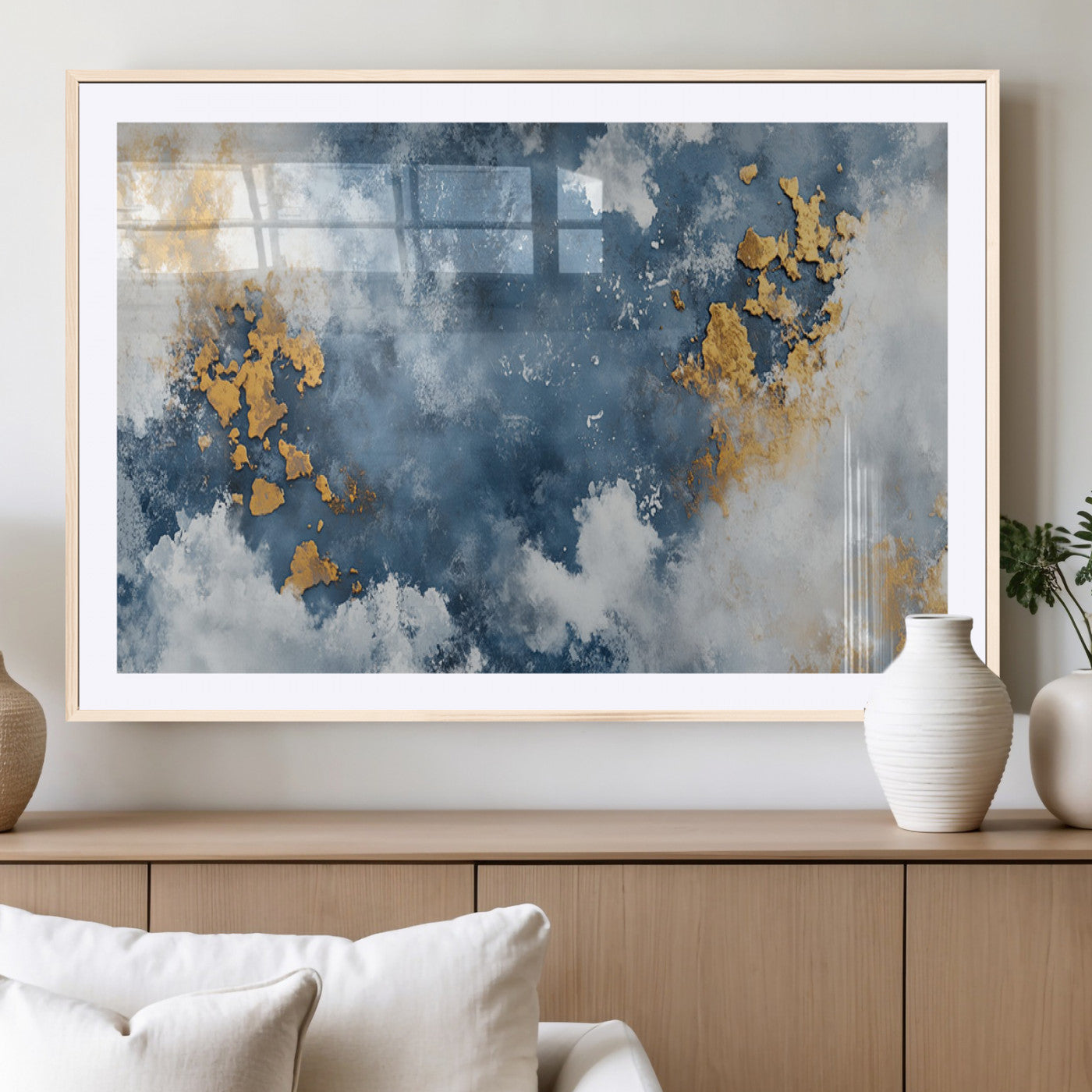 39575-MGV-CV-36X24-Blue and Gold Abstract Wall Art – Modern Canvas Print Featuring Cloudy Textures with Metallic Accents, Contemporary Artwork for