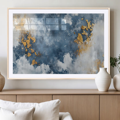 39575-MGV-CV-36X24-Blue and Gold Abstract Wall Art – Modern Canvas Print Featuring Cloudy Textures with Metallic Accents, Contemporary Artwork for