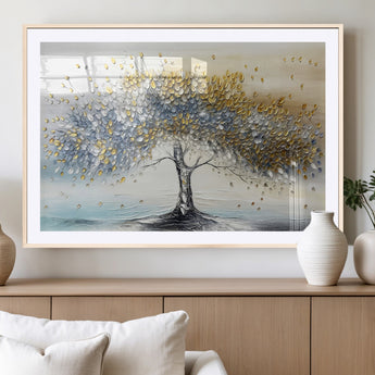 24771-MGC-FP-36x24_Natural-Silver Tree Wall Art Canvas Print, Framed Golden Leaves Art Picture Print, Metallic Tree Perfect Minimalist Luxury Decor Artwork