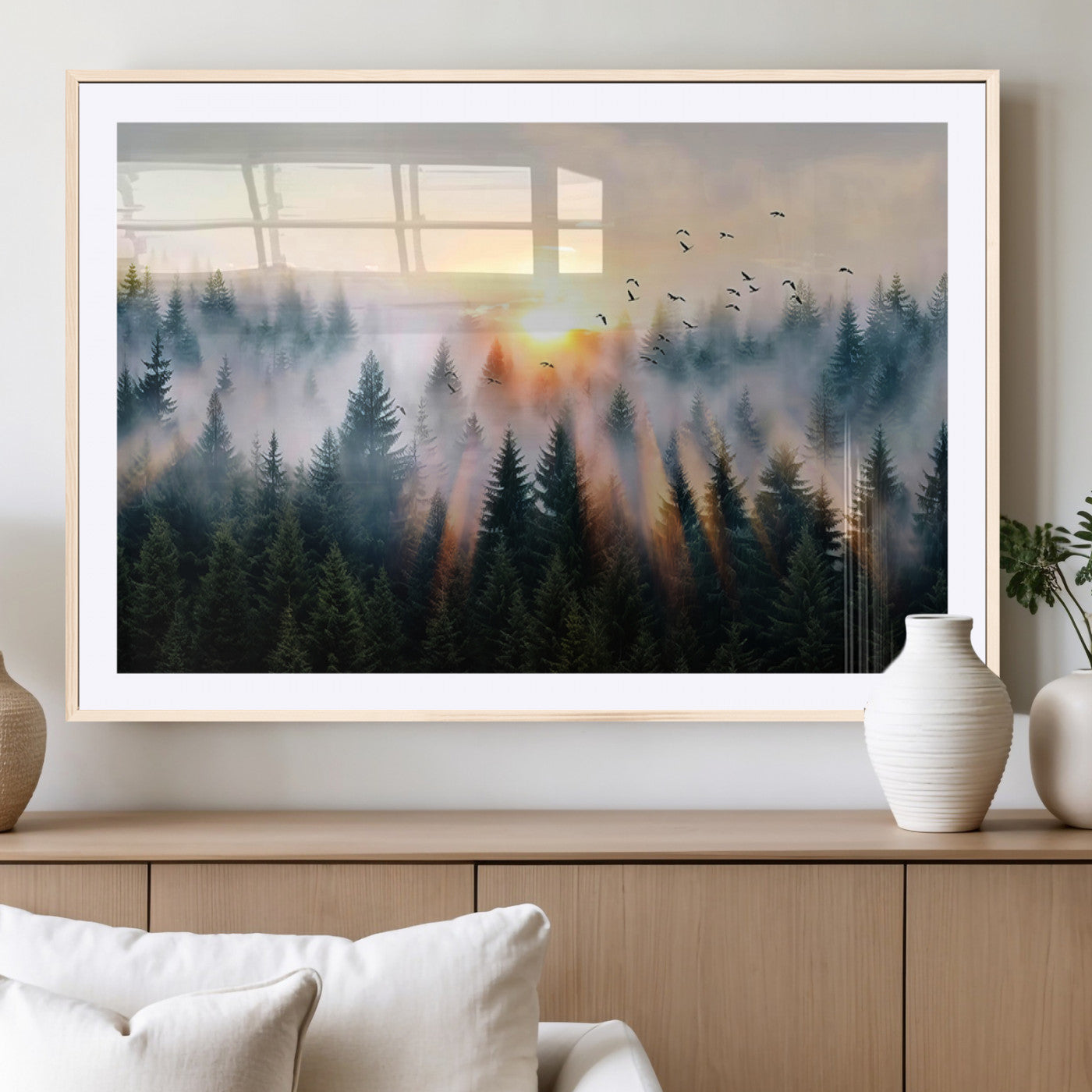 56391411-MGC-FP-36x24_Natural-Misty Forest Wall Art Canvas Print, Framed Sunrise Pines Art Picture Print, Moody Pines Perfect Serene Woodland Decor Artwork