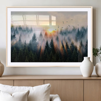 56391411-MGC-FP-36x24_Natural-Misty Forest Wall Art Canvas Print, Framed Sunrise Pines Art Picture Print, Moody Pines Perfect Serene Woodland Decor Artwork