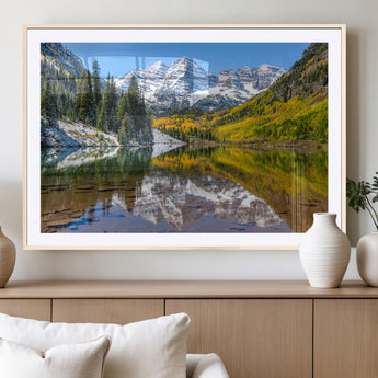 87724099-MGC-FP-36x24_Natural-Maroon Bells Wall Art Canvas Print, Framed Snowy Mountains Art Picture Print, Pine Forest Perfect Vibrant Alpine Decor Artwork