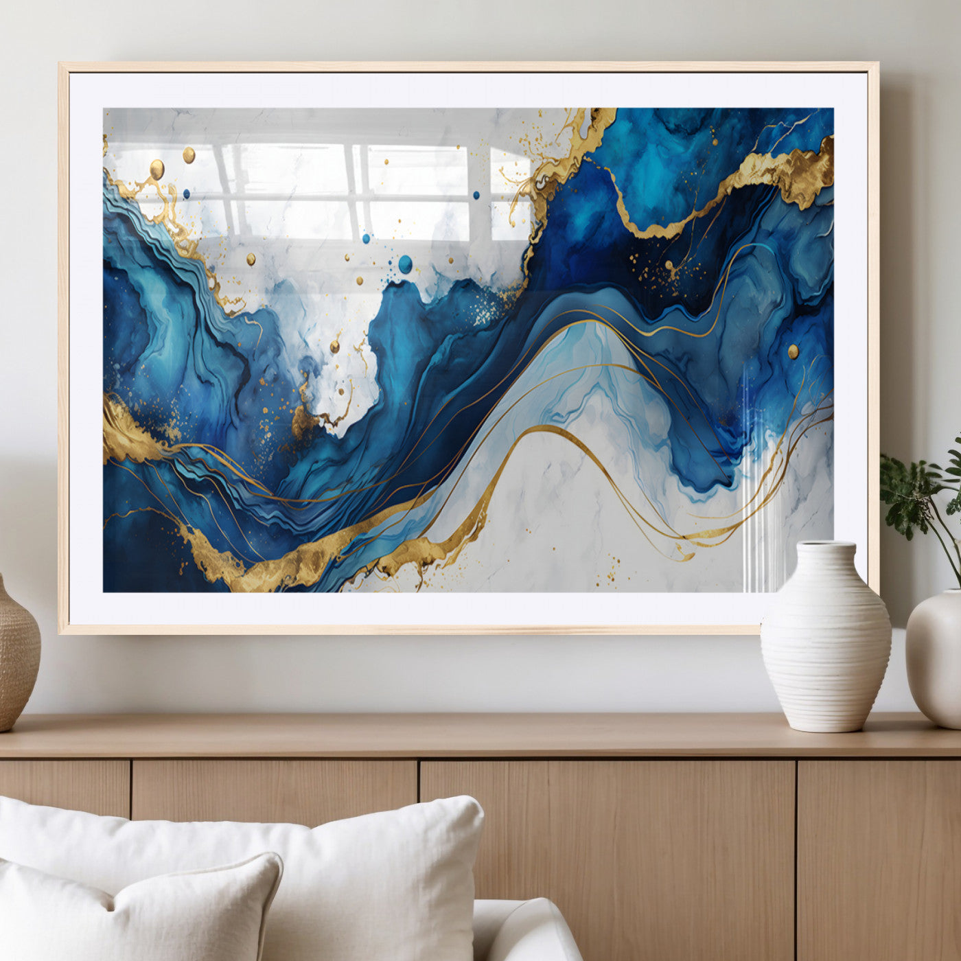 33506371-MGC-FP-36x24_Natural-Blue Marble Wall Art Canvas Print, Framed Gold Splash Art Picture Print, Abstract Wave Perfect Modern Luxe Decor Artwork