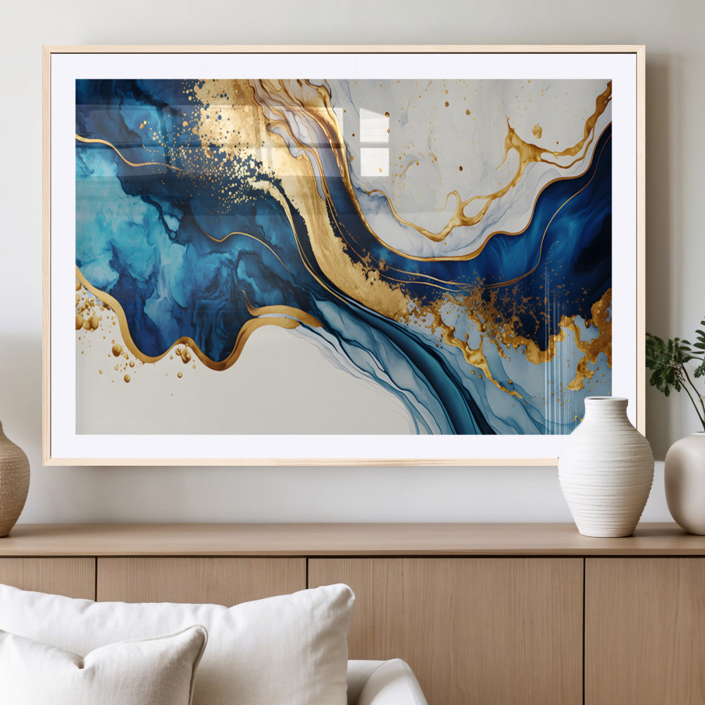 60283636-MGC-FP-36x24_Natural-Blue Gold Flow Wall Art Canvas Print, Framed Marble Texture Art Picture Print, Elegant Splash Perfect Elegant Abstract Decor