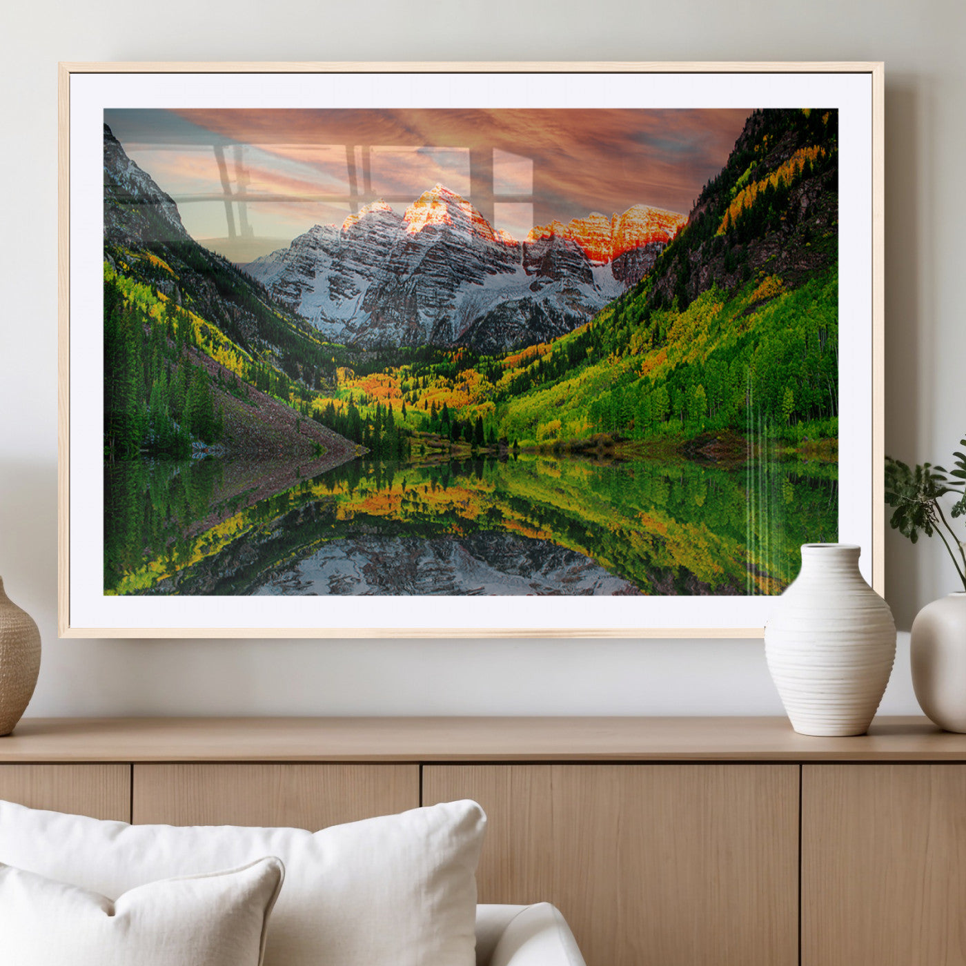 59533484-MGC-FP-36x24_Natural-Maroon Bells Autumn Wall Art – Panoramic Mountain Landscape Canvas Print, Sunset Reflection Nature Artwork for Living Room, Office