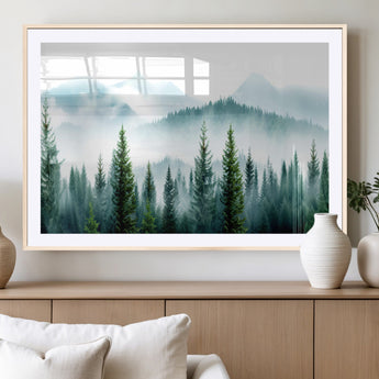 16716676-MGC-FP-36x24_Natural-Pine Forest Wall Art Canvas Print, Framed Misty Mountains Art Picture Print, Foggy Trees Perfect Moody Forest Decor Artwork