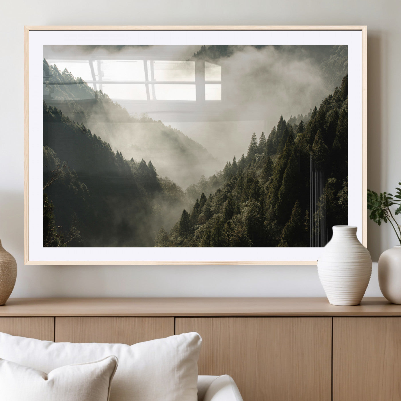 57570237-MGC-FP-36x24_Natural-Misty Valley Wall Art Canvas Print, Framed Foggy Forest Art Picture Print, Pine Trees Perfect Moody Woodland Decor Artwork