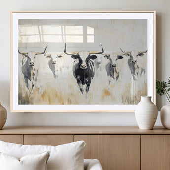 40397799-MGC-FP-36x24_Natural-Texas Longhorn Wall Art Canvas Print, Framed Rustic Herd Art Picture Print, Western Bull Perfect Neutral Western Decor Artwork