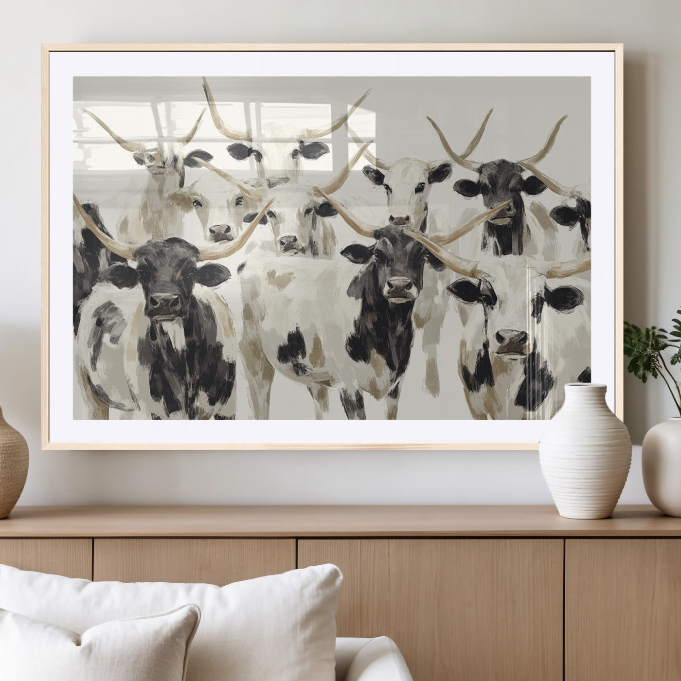 52947970-MGV-CV-36X24-Texas Longhorn Wall Art Canvas Print, Framed Cattle Herd Art Picture Print, Herd Portrait Perfect Modern Farmhouse Decor Artwork