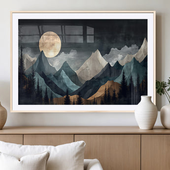 11060882-MGC-FP-36x24_Natural-Moonlit Mountains Wall Art Canvas Print, Framed Forest Silhouette Art Picture Print, Night Landscape Perfect Modern Forest Decor