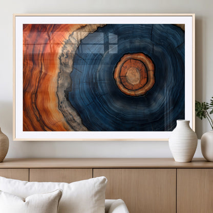 72209152-MGC-FP-36x24_Natural-Abstract Tree Ring Wall Art – Vibrant Blue Orange Wood Grain Canvas Print, Rustic Modern Nature Artwork for Living Room, Office,