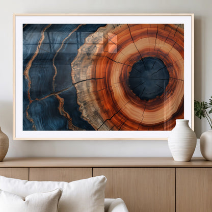 41123192-MGC-FP-36x24_Natural-Tree Ring Canvas Wall Art – Abstract Blue Orange Wood Grain Print, Rustic Modern Nature Artwork for Living Room, Bedroom, Office