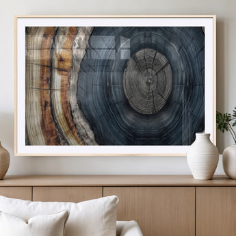 91368647-MGC-FP-36x24_Natural-Smoky Blue Tree Ring Wall Art – Rustic Wood Cross Section Canvas Print, Modern Nature Inspired Decor for Living Room, Office, or