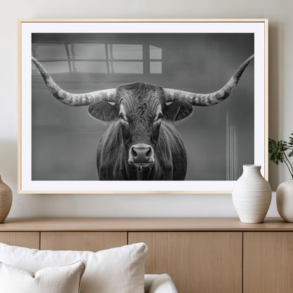 81228550-MGC-FP-36x24_Natural-Framed Texas Longhorn Bull Art Canvas Print, Western Bull Wall Art Print, Long Horn Bull Photo Print for Log Cabin, Large Bull