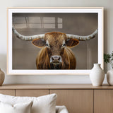 12179171-MGV-CV-36X24-Texas Longhorn Wall Art Canvas Print, Framed Brown Bull Art Picture Print, Lone Cattle Perfect Rustic Western Decor Artwork