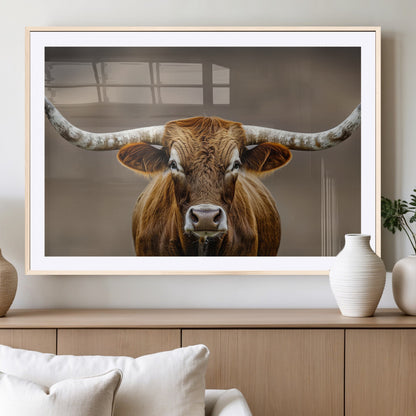 12179171-MGC-FP-36x24_Natural-Texas Longhorn Wall Art Canvas Print, Framed Brown Bull Art Picture Print, Lone Cattle Perfect Rustic Western Decor Artwork