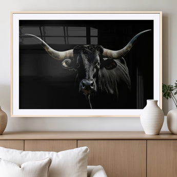 37531960-MGC-FP-36x24_Natural-Black Longhorn Bull Wall Art – Dramatic Western Cattle Canvas Print, Rustic Farmhouse Animal Artwork for Living Room, Bedroom,