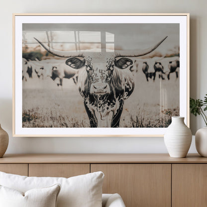 27497342-MGC-FP-36x24_Natural-Texas Longhorn Wall Art Canvas Print, Framed Speckled Cow Art Picture Print, Horned Cattle Perfect Rustic Western Decor Artwork