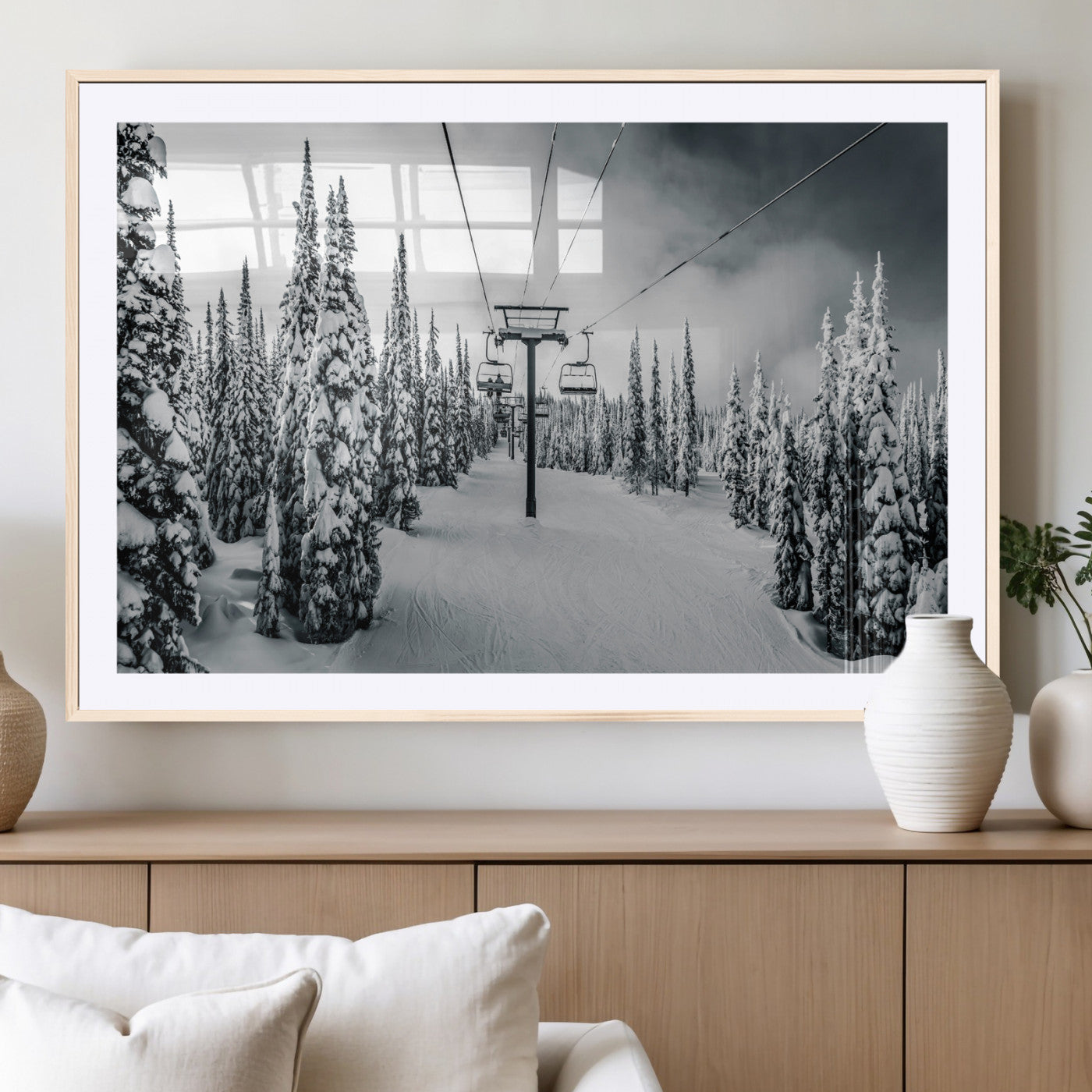 31156828-MGC-FP-36x24_Natural-Snowy Pines Wall Art Canvas Print, Framed Ski Lift Art Picture Print, Winter Forest Perfect Moody Lodge Decor Artwork