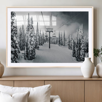 31156828-MGV-CV-36X24-Snowy Pines Wall Art Canvas Print, Framed Ski Lift Art Picture Print, Winter Forest Perfect Moody Lodge Decor Artwork