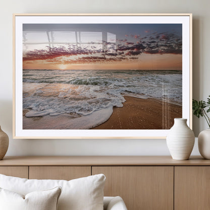 39846389-MGV-CV-36X24-Ocean Sunset Wall Art Canvas Print, Framed Sandy Shore Art Picture Print, Gentle Waves Perfect Minimalist Coastal Decor Artwork
