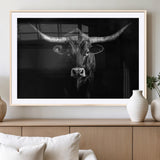42077175-MGC-FP-36x24_Natural-Texas Longhorn Wall Art Canvas Print, Framed Monochrome Bull Art Picture Print, Horned Bull Perfect Rustic Western Decor Artwork