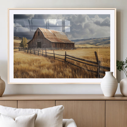 38758826-MGC-FP-36x24_Natural-Rustic Barn Wall Art Canvas Print, Framed Moody Barn Art Picture Print, Golden Field Perfect Rustic Farmhouse Decor Artwork