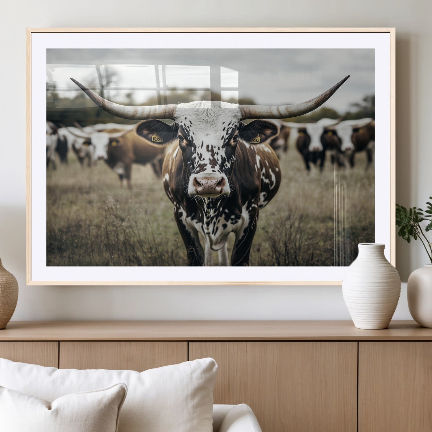79025945-MGC-FP-36x24_Natural-Texas Longhorn Wall Art Canvas Print, Framed Speckled Cow Art Picture Print, Horned Cattle Perfect Rustic Western Decor Artwork