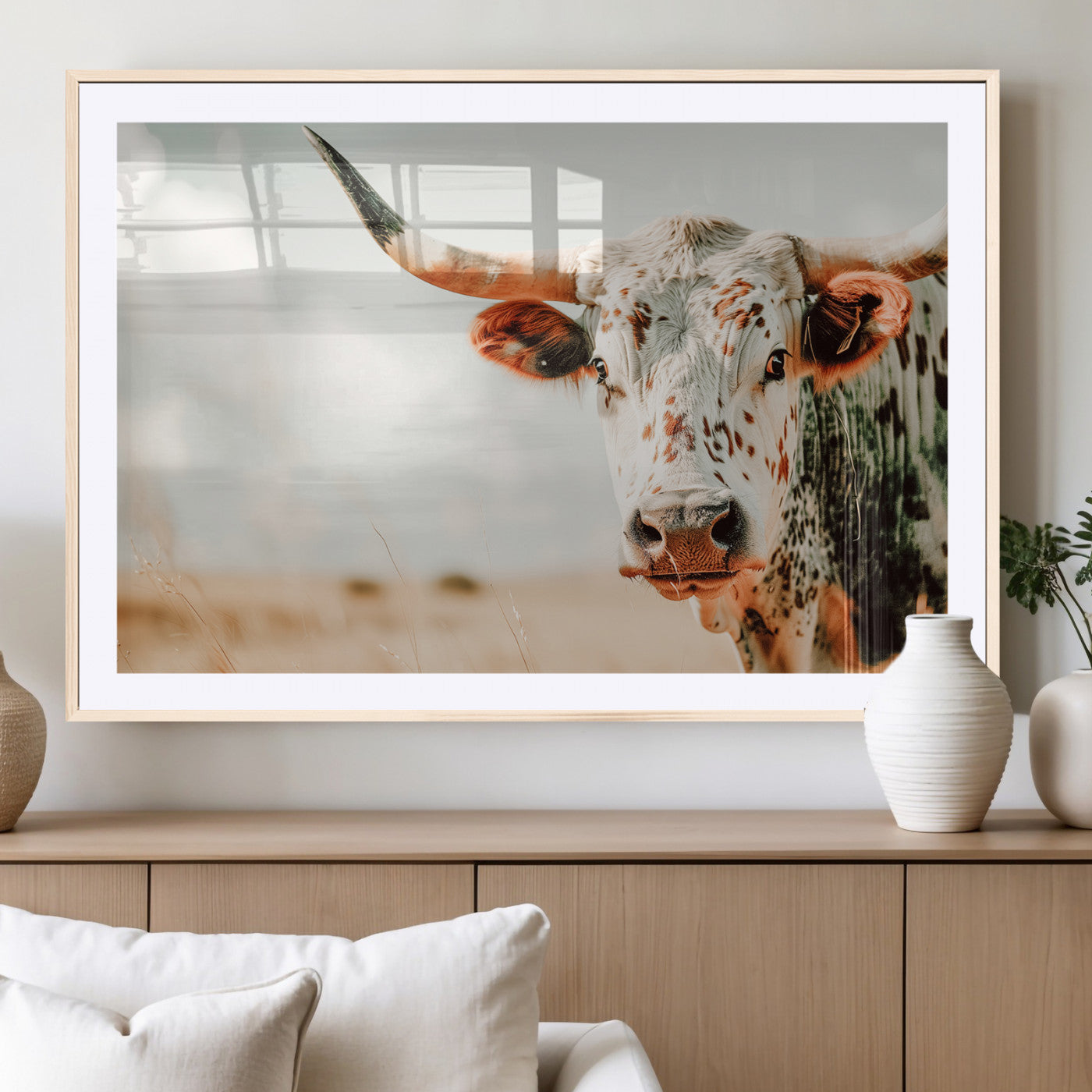 72766375-MGC-FP-36x24_Natural-Texas Longhorn Wall Art Canvas Print, Framed Spotted Cow Art Picture Print, Horned Cattle Perfect Rustic Western Decor Artwork