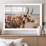 11528295-MGC-FP-36x24_Natural-Speckled Longhorn Wall Art Canvas Print, Framed Texas Cattle Art Picture Print, Horned Cow Perfect Rustic Western Decor Artwork
