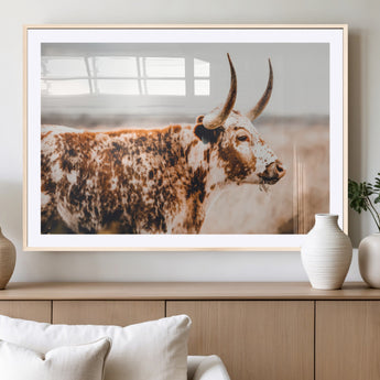 11528295-MGC-FP-36x24_Natural-Speckled Longhorn Wall Art Canvas Print, Framed Texas Cattle Art Picture Print, Horned Cow Perfect Rustic Western Decor Artwork