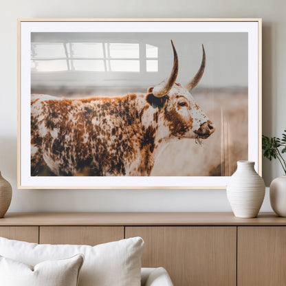 11528295-MGC-FP-36x24_Natural-Speckled Longhorn Wall Art Canvas Print, Framed Texas Cattle Art Picture Print, Horned Cow Perfect Rustic Western Decor Artwork