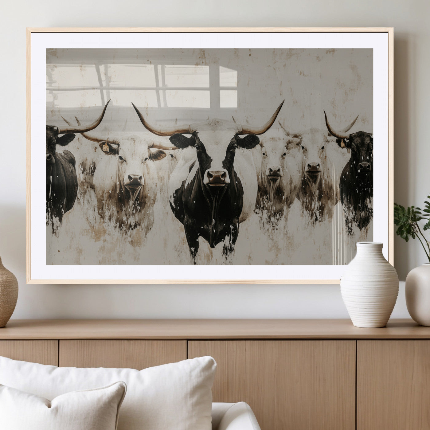 12027562-MGC-FP-36x24_Natural-Longhorn Cattle Wall Art Canvas Print, Framed Bison Herd Art Picture Print, Cattle Group Perfect Rustic Farmhouse Decor Artwork