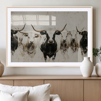 12027562-MGC-FP-36x24_Natural-Longhorn Cattle Wall Art Canvas Print, Framed Bison Herd Art Picture Print, Cattle Group Perfect Rustic Farmhouse Decor Artwork