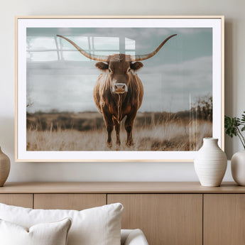 39350715-MGC-FP-36x24_Natural-Texas Longhorn Wall Art Canvas Print, Framed Longhorn Cow Art Picture Print, Western Cattle Perfect Rustic Western Decor Artwork