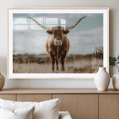 39350715-MGC-FP-36x24_Natural-Texas Longhorn Wall Art Canvas Print, Framed Longhorn Cow Art Picture Print, Western Cattle Perfect Rustic Western Decor Artwork