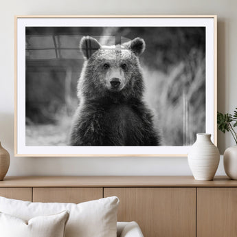 MGC-FP-36x24 - Grizzly Bear Wall Art Canvas Print, Framed Black White Bear Art Picture Print, Wild Bear Perfect Rustic Wildlife Decor Artwork