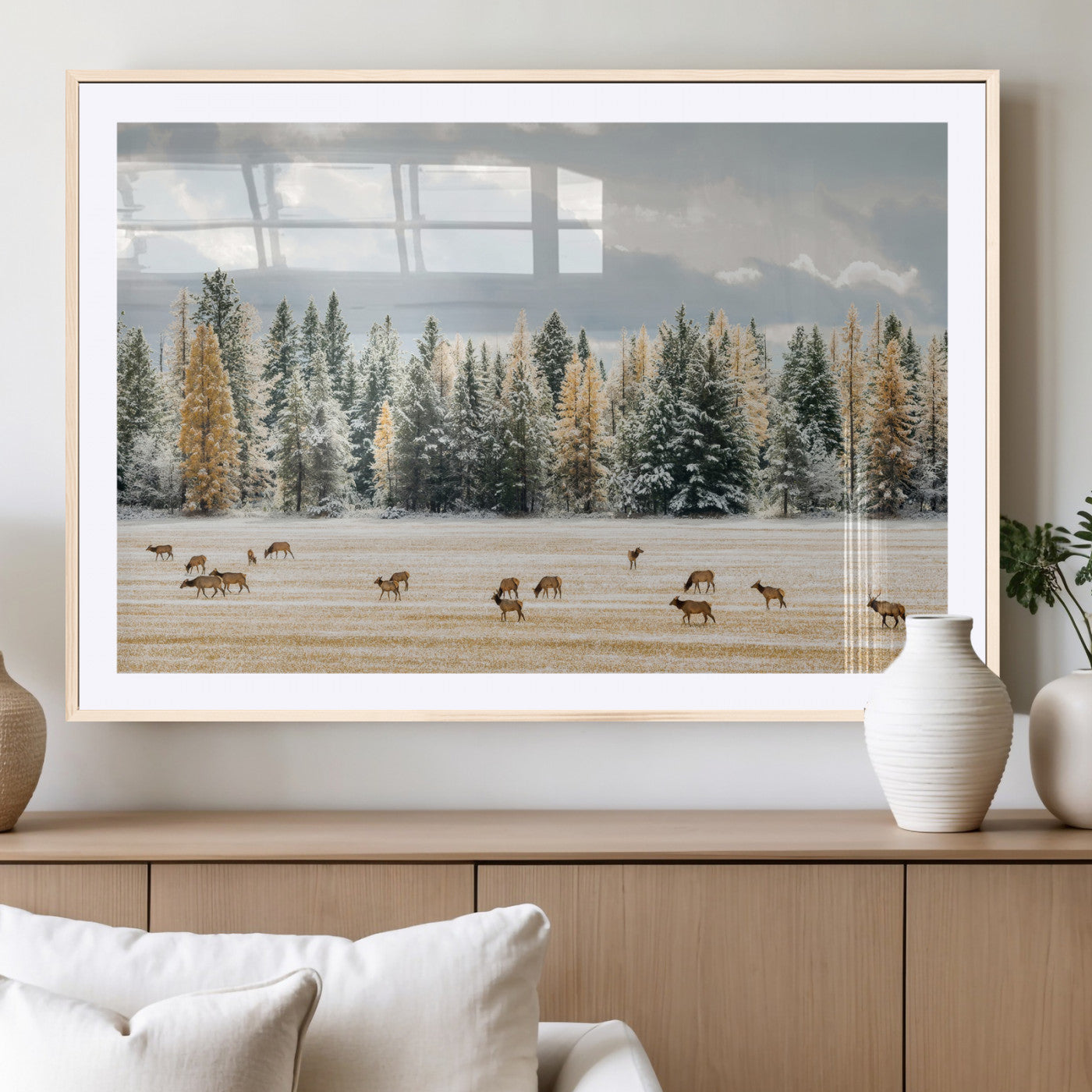 64188182-MGC-FP-36x24_Natural-Elk Herd Wall Art Canvas Print, Framed Snowy Forest Art Picture Print, Forest Elks Perfect Neutral Rustic Decor Artwork