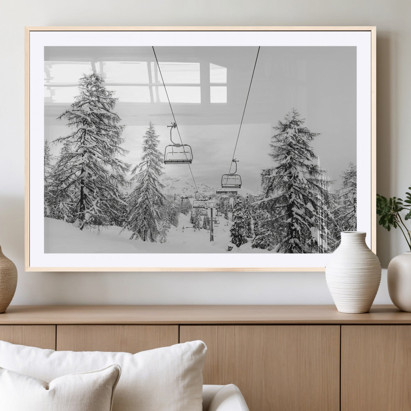 55003599-MGC-FP-36x24_Natural-Snowy Ski Lift Wall Art Canvas Print, Framed Winter Forest Art Picture Print, Ski lift Ride Perfect Winter Lodge Decor Artwork