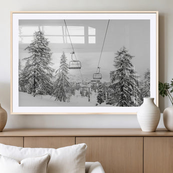55003599-MGC-FP-36x24_Natural-Snowy Ski Lift Wall Art Canvas Print, Framed Winter Forest Art Picture Print, Ski lift Ride Perfect Winter Lodge Decor Artwork