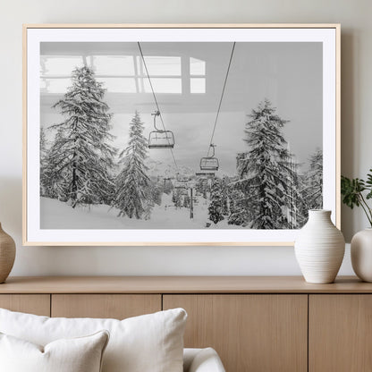 55003599-MGC-FP-36x24_Natural-Snowy Ski Lift Wall Art Canvas Print, Framed Winter Forest Art Picture Print, Ski lift Ride Perfect Winter Lodge Decor Artwork